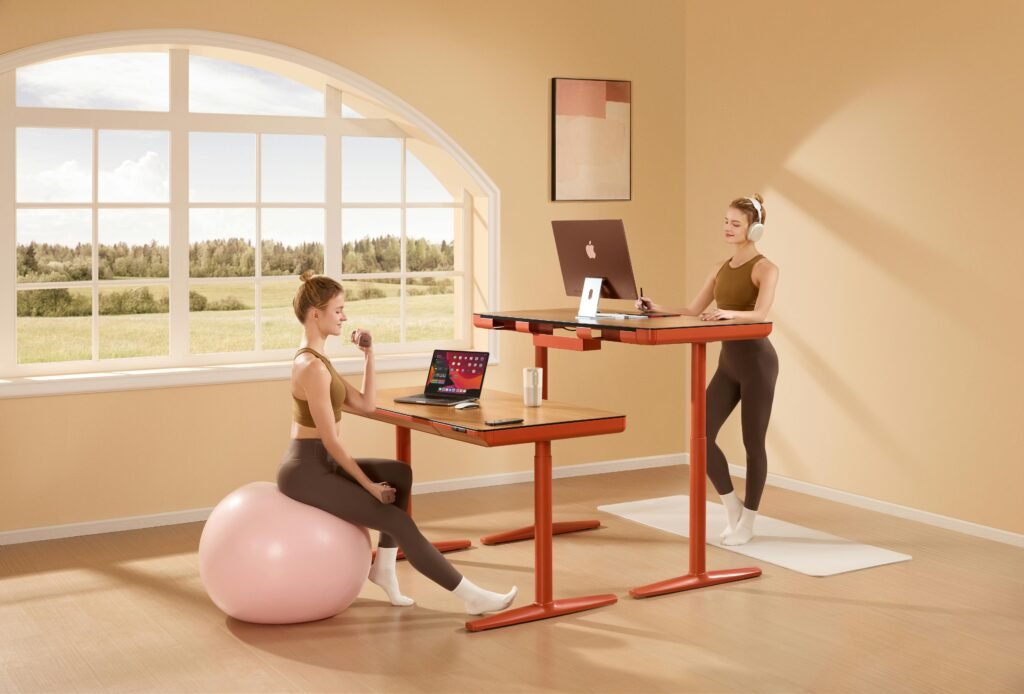 A stylish home office setup with adjustable desks, yoga ball seating, and a serene view.